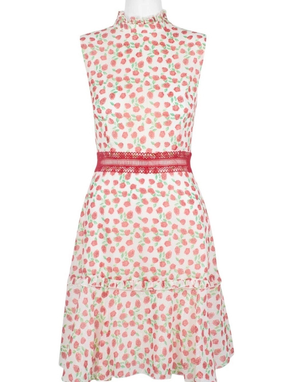 Donna Morgan Pink Rose -Print Midi Dress with Red Waistband